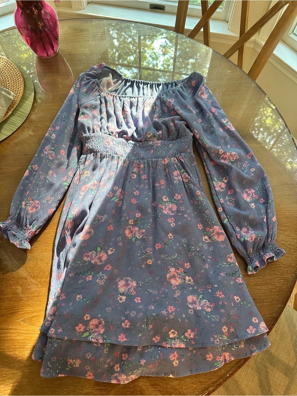 Limited Too Blue Floral Smocked-Waist Long Sleeve Dress